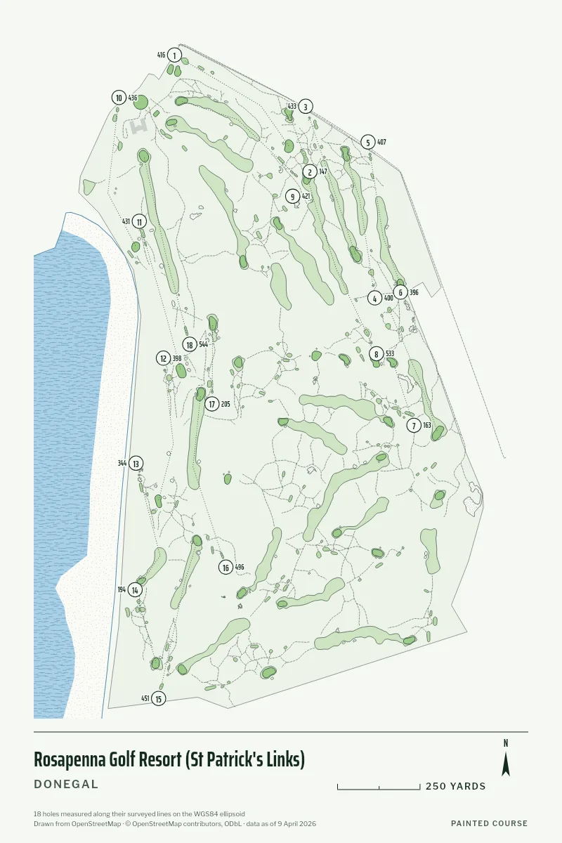 Rosapenna Golf Resort (St Patrick's Links), Donegal, Ireland, drawn in the Yardage style from its OpenStreetMap survey: 18 holes, each numbered at its tee with its measured yards beside it.
