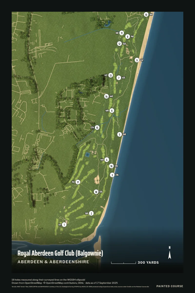 Royal Aberdeen Golf Club (Balgownie), Aberdeen & Aberdeenshire, Scotland, drawn in the Aerial style from its OpenStreetMap survey: 18 holes, each numbered at its tee with its measured yards beside it.