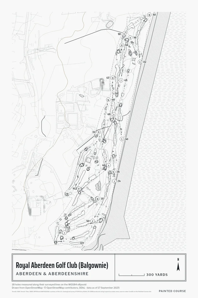 Royal Aberdeen Golf Club (Balgownie), Aberdeen & Aberdeenshire, Scotland, drawn in the Architect style from its OpenStreetMap survey: 18 holes, each numbered at its tee with its measured yards beside it.