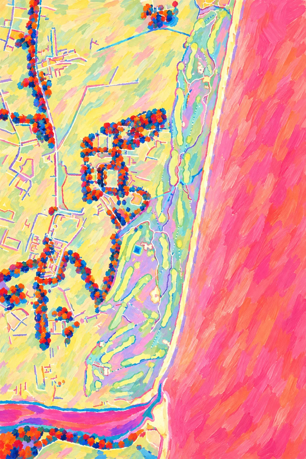 Royal Aberdeen Golf Club (Balgownie), Aberdeen & Aberdeenshire, Scotland, seen from above and painted in the Fauve manner after the Fauves of 1905: the routing of its 18 holes, its greens and its bunkers, in paint.