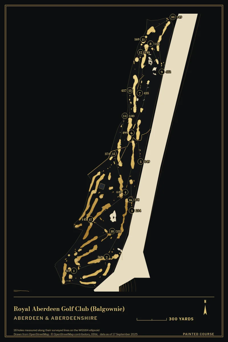 Royal Aberdeen Golf Club (Balgownie), Aberdeen & Aberdeenshire, Scotland, drawn in the Gilt style from its OpenStreetMap survey: 18 holes, each numbered at its tee with its measured yards beside it.