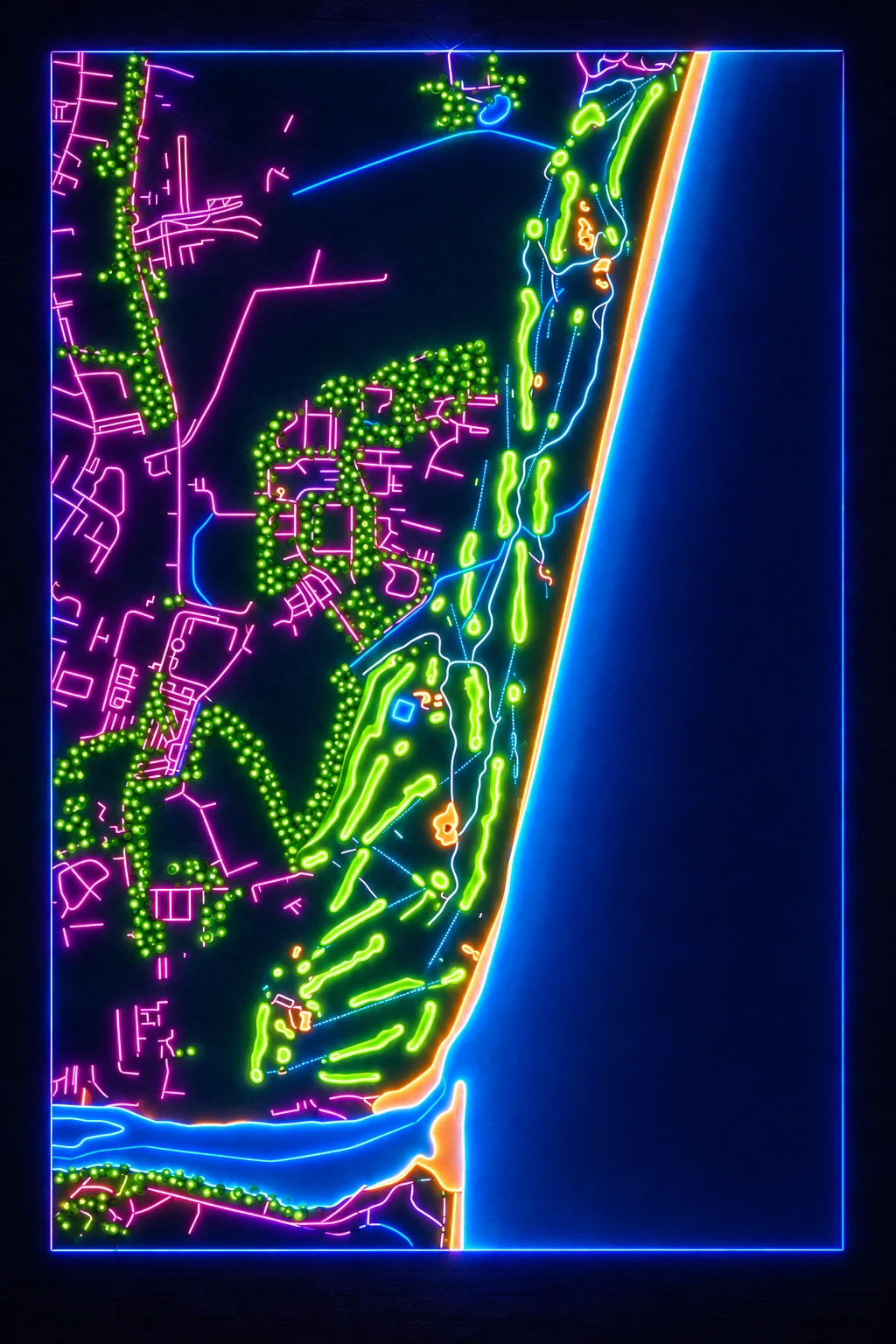 Royal Aberdeen Golf Club (Balgownie), Aberdeen & Aberdeenshire, Scotland, seen from above and painted in the Neon manner: the routing of its 18 holes, its greens and its bunkers, in paint.