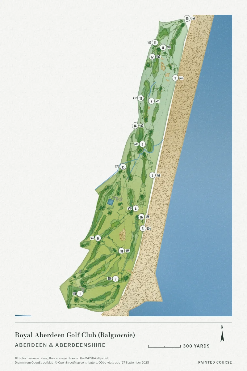 Royal Aberdeen Golf Club (Balgownie), Aberdeen & Aberdeenshire, Scotland, drawn in the Watercolour style from its OpenStreetMap survey: 18 holes, each numbered at its tee with its measured yards beside it.