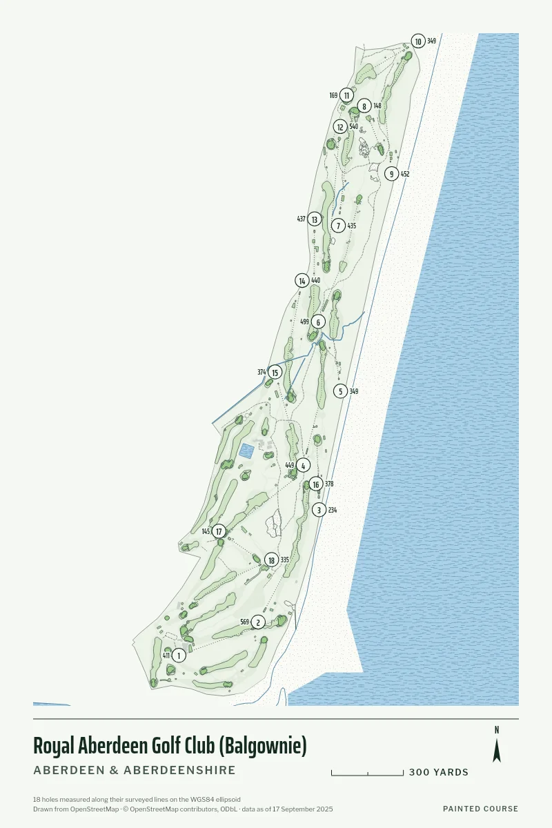Royal Aberdeen Golf Club (Balgownie), Aberdeen & Aberdeenshire, Scotland, drawn in the Yardage style from its OpenStreetMap survey: 18 holes, each numbered at its tee with its measured yards beside it.