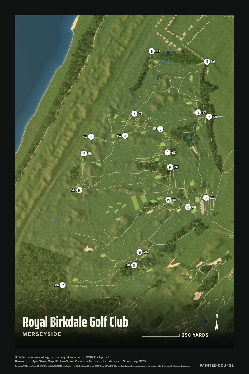 Royal Birkdale Golf Club, Merseyside, England, drawn in the Aerial style from its OpenStreetMap survey: 18 holes, each numbered at its tee with its measured yards beside it.