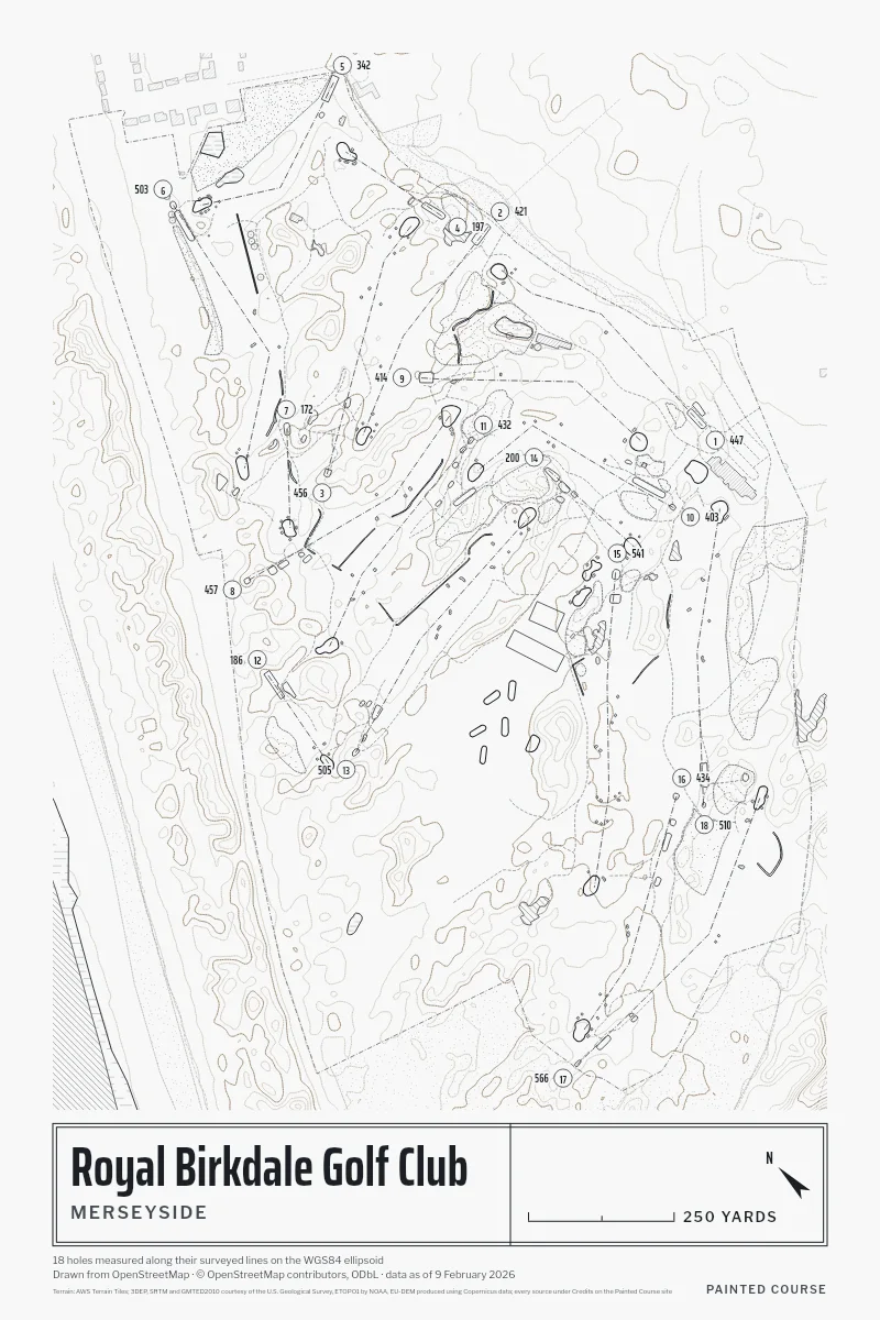 Royal Birkdale Golf Club, Merseyside, England, drawn in the Architect style from its OpenStreetMap survey: 18 holes, each numbered at its tee with its measured yards beside it.