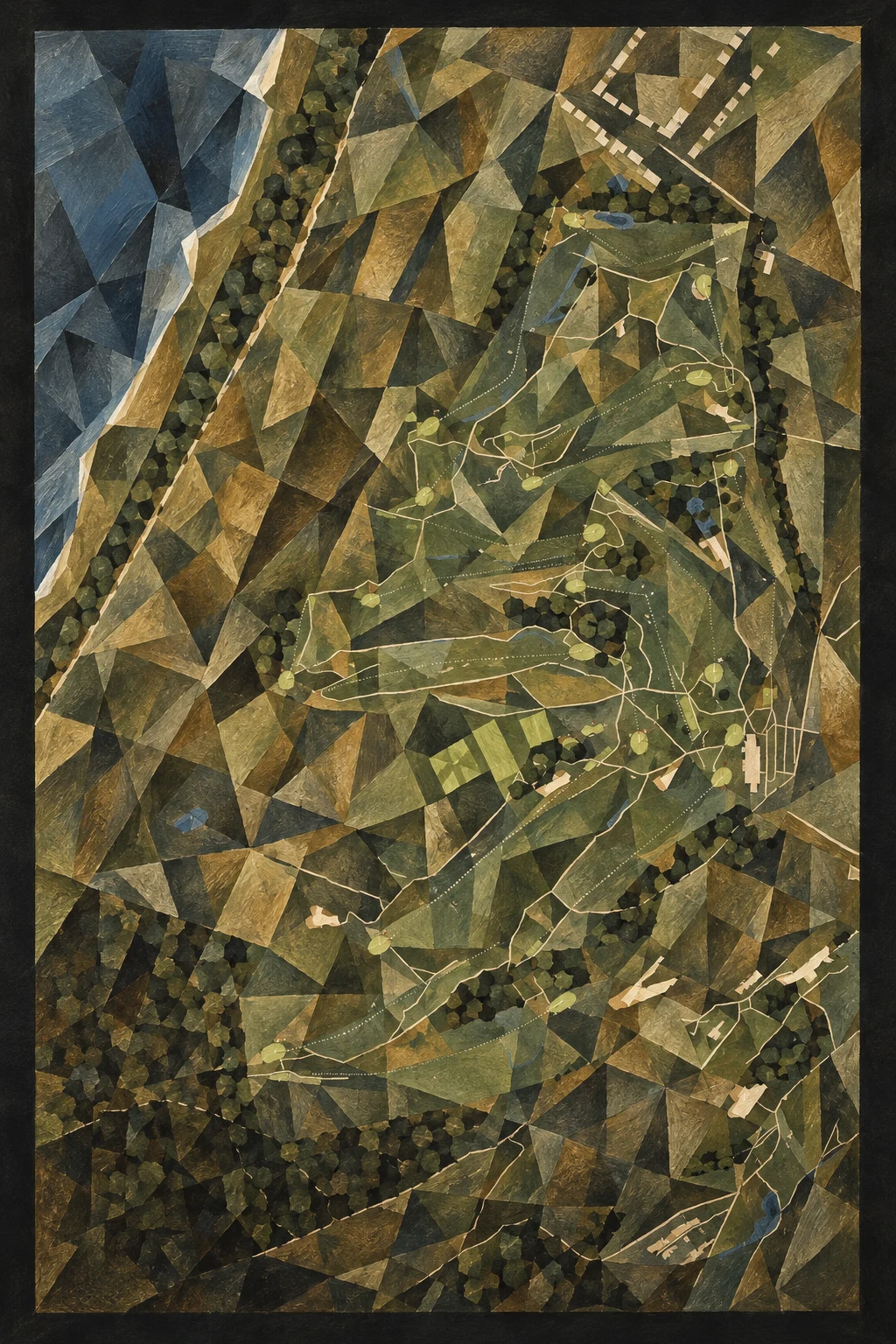 Royal Birkdale Golf Club, Merseyside, England, seen from above and painted in the Cubist manner after Picasso and Braque: the routing of its 18 holes, its greens and its bunkers, in paint.