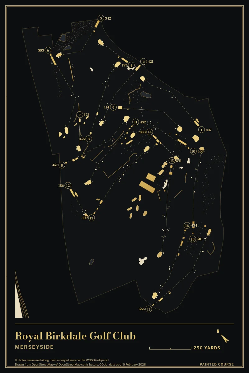 Royal Birkdale Golf Club, Merseyside, England, drawn in the Gilt style from its OpenStreetMap survey: 18 holes, each numbered at its tee with its measured yards beside it.