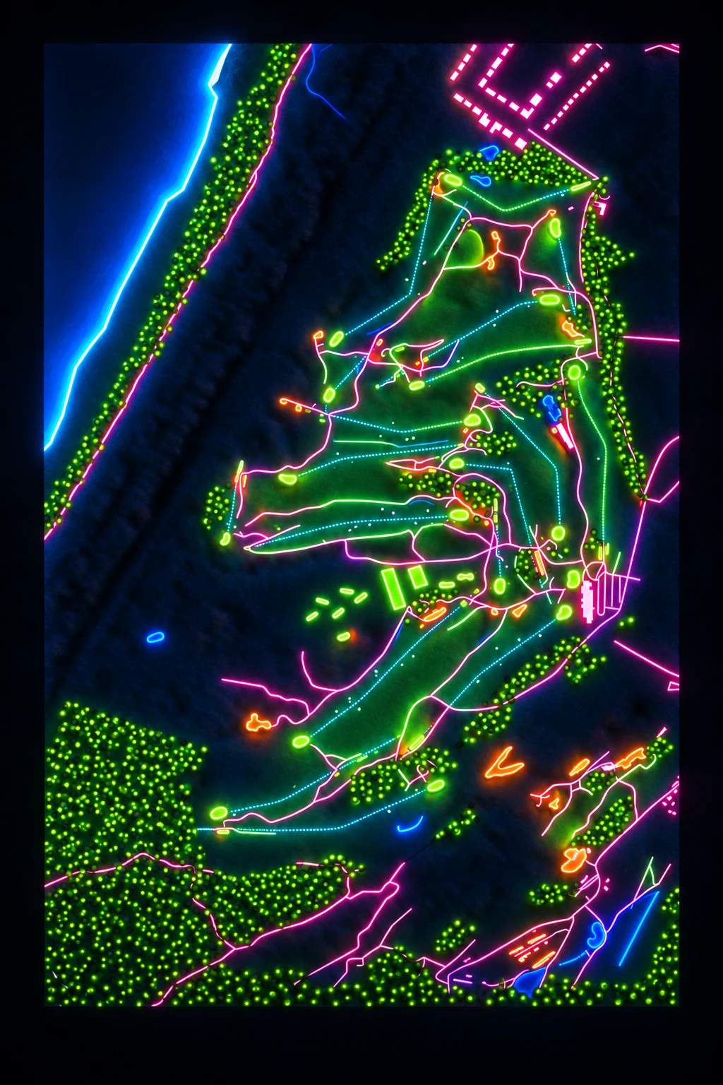 Royal Birkdale Golf Club, Merseyside, England, seen from above and painted in the Neon manner: the routing of its 18 holes, its greens and its bunkers, in paint.
