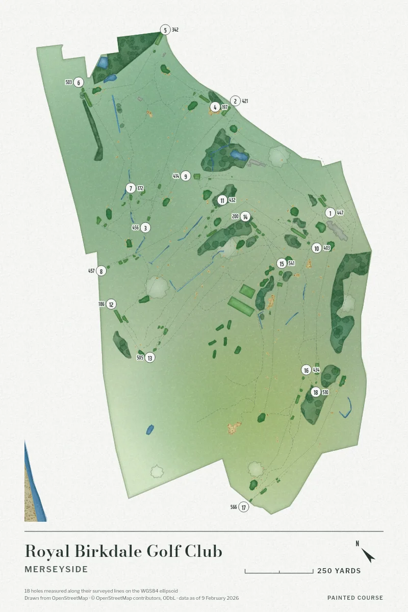 Royal Birkdale Golf Club, Merseyside, England, drawn in the Watercolour style from its OpenStreetMap survey: 18 holes, each numbered at its tee with its measured yards beside it.