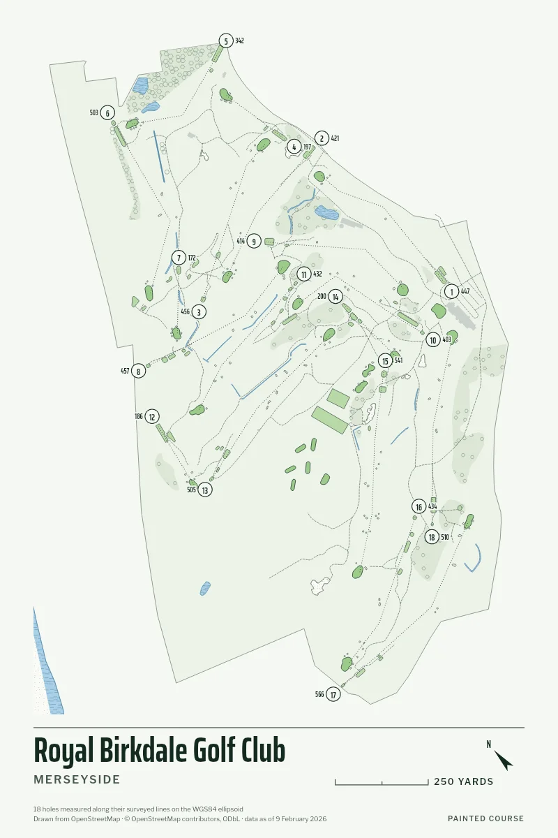Royal Birkdale Golf Club, Merseyside, England, drawn in the Yardage style from its OpenStreetMap survey: 18 holes, each numbered at its tee with its measured yards beside it.