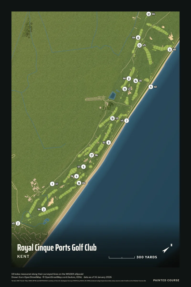Royal Cinque Ports Golf Club, Kent, England, drawn in the Aerial style from its OpenStreetMap survey: 18 holes, each numbered at its tee with its measured yards beside it.