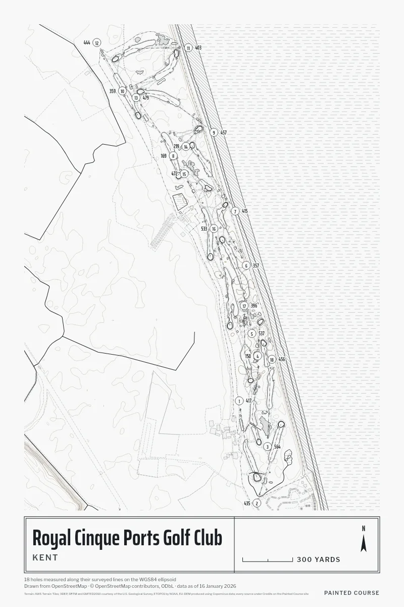 Royal Cinque Ports Golf Club, Kent, England, drawn in the Architect style from its OpenStreetMap survey: 18 holes, each numbered at its tee with its measured yards beside it.