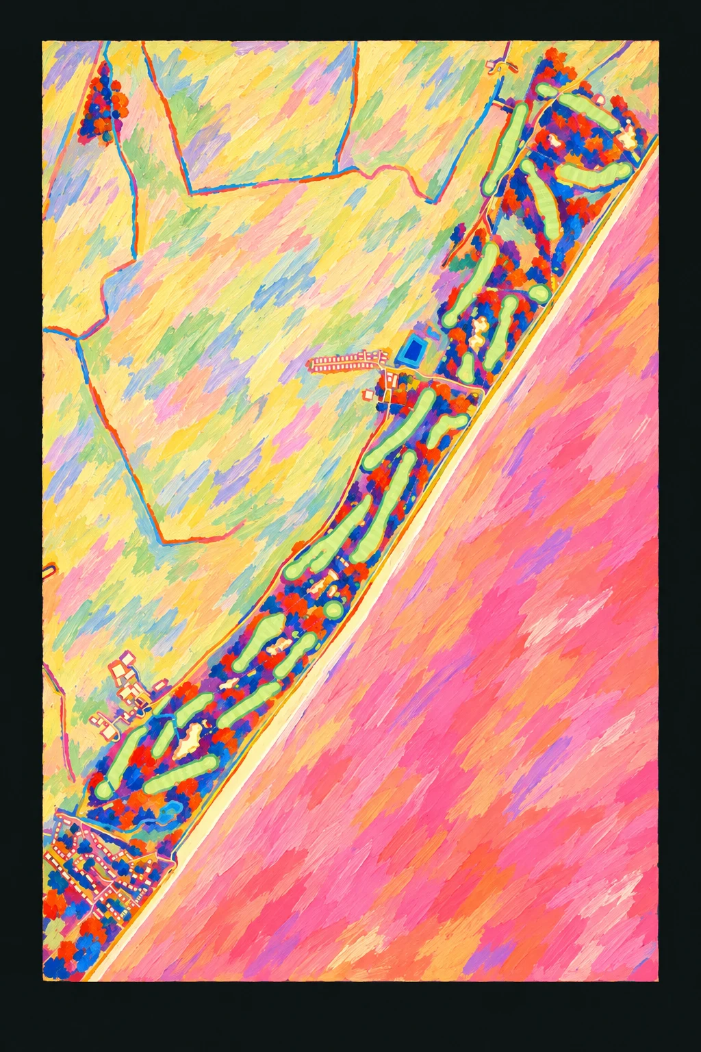 Royal Cinque Ports Golf Club, Kent, England, seen from above and painted in the Fauve manner after the Fauves of 1905: the routing of its 18 holes, its greens and its bunkers, in paint.