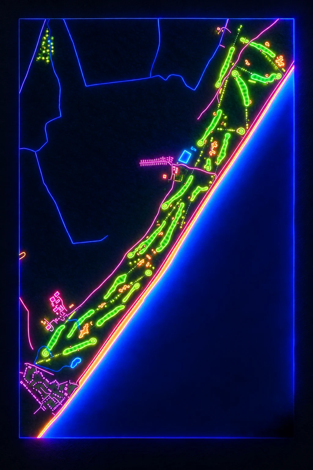 Royal Cinque Ports Golf Club, Kent, England, seen from above and painted in the Neon manner: the routing of its 18 holes, its greens and its bunkers, in paint.