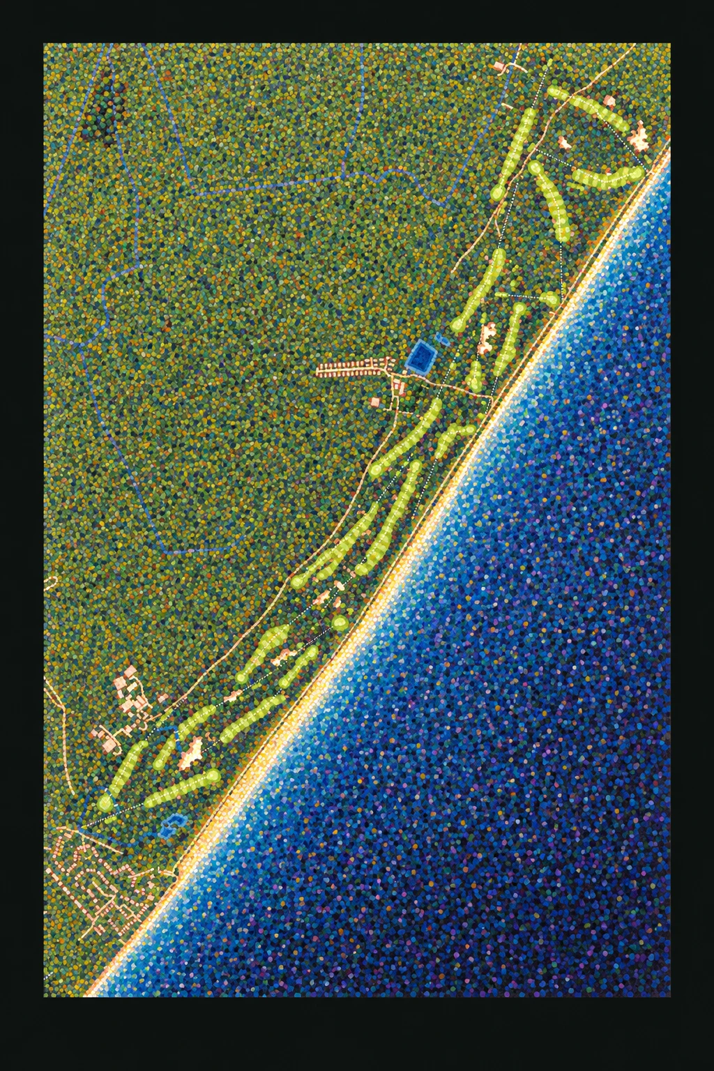 Royal Cinque Ports Golf Club, Kent, England, seen from above and painted in the Pointillist manner after Georges Seurat: the routing of its 18 holes, its greens and its bunkers, in paint.