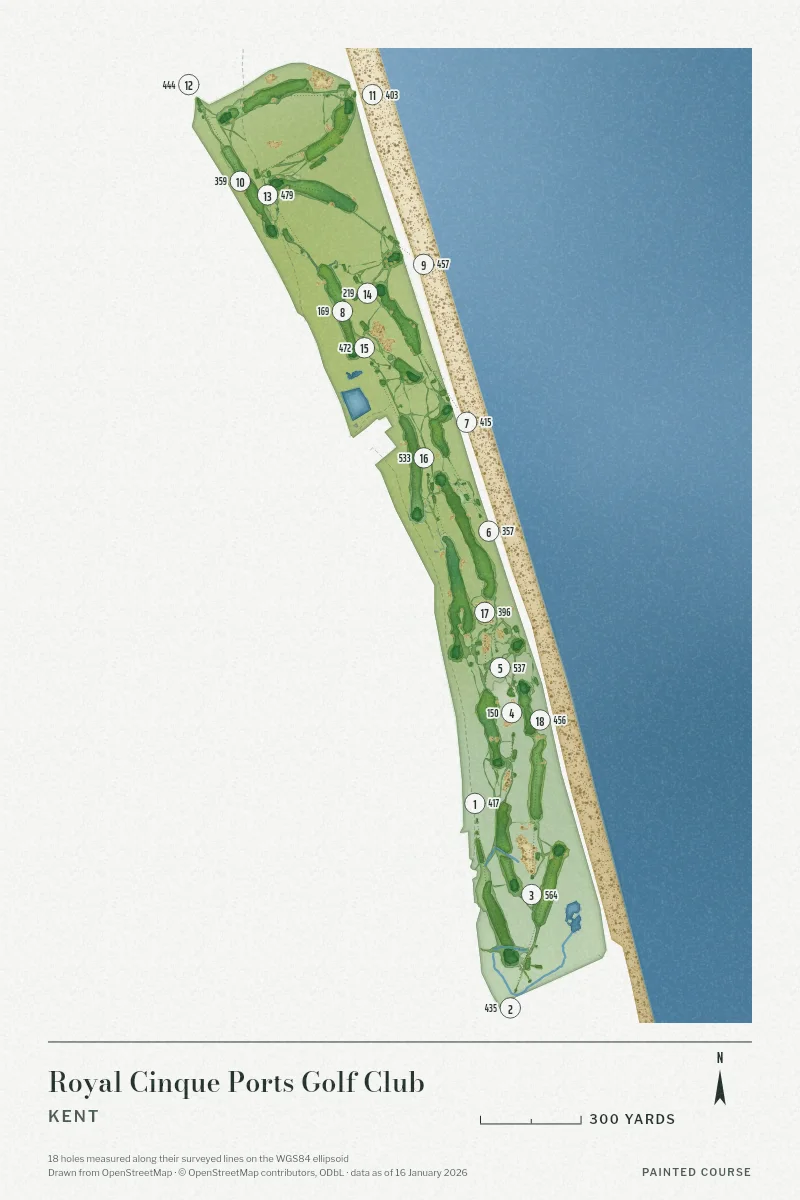 Royal Cinque Ports Golf Club, Kent, England, drawn in the Watercolour style from its OpenStreetMap survey: 18 holes, each numbered at its tee with its measured yards beside it.