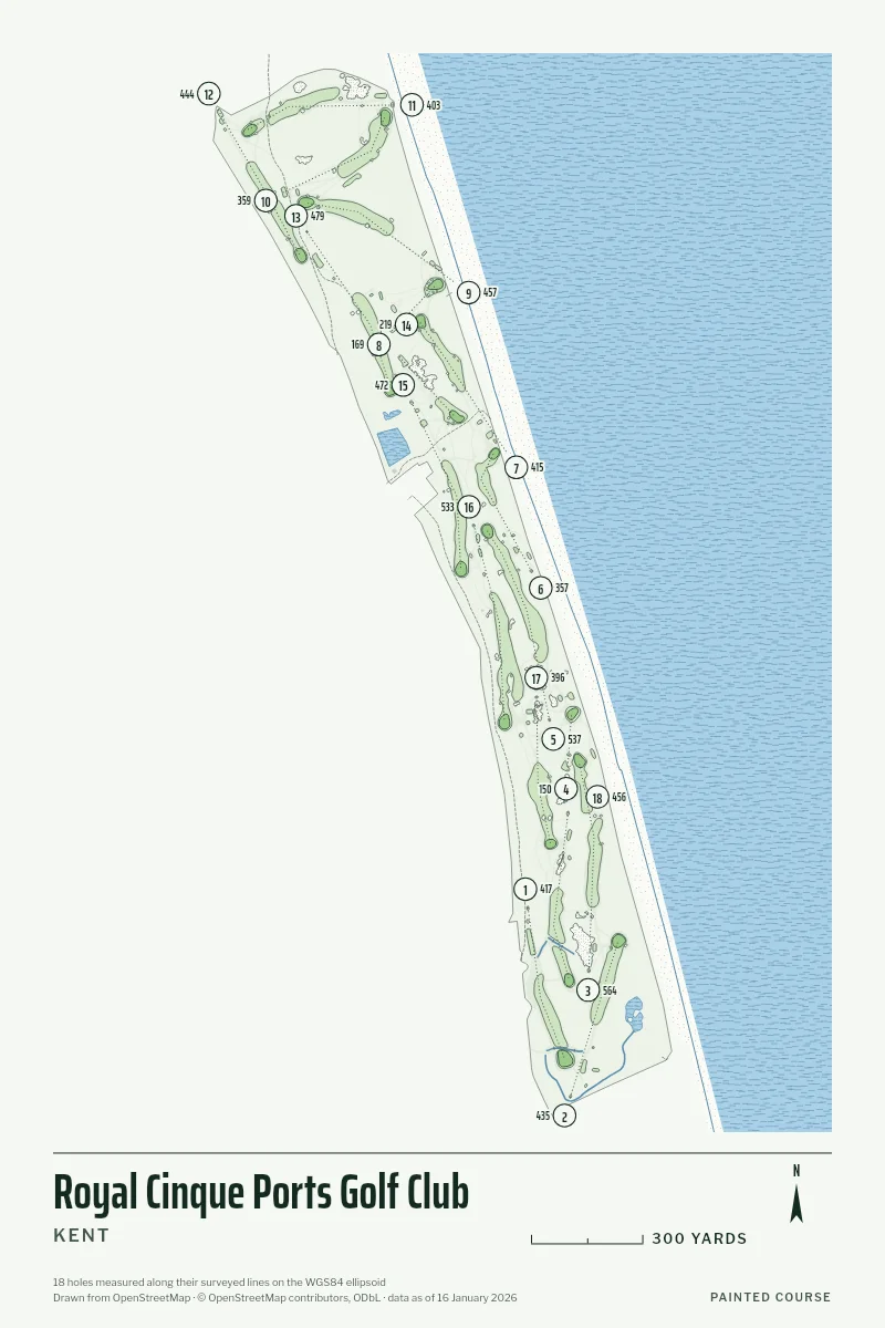 Royal Cinque Ports Golf Club, Kent, England, drawn in the Yardage style from its OpenStreetMap survey: 18 holes, each numbered at its tee with its measured yards beside it.