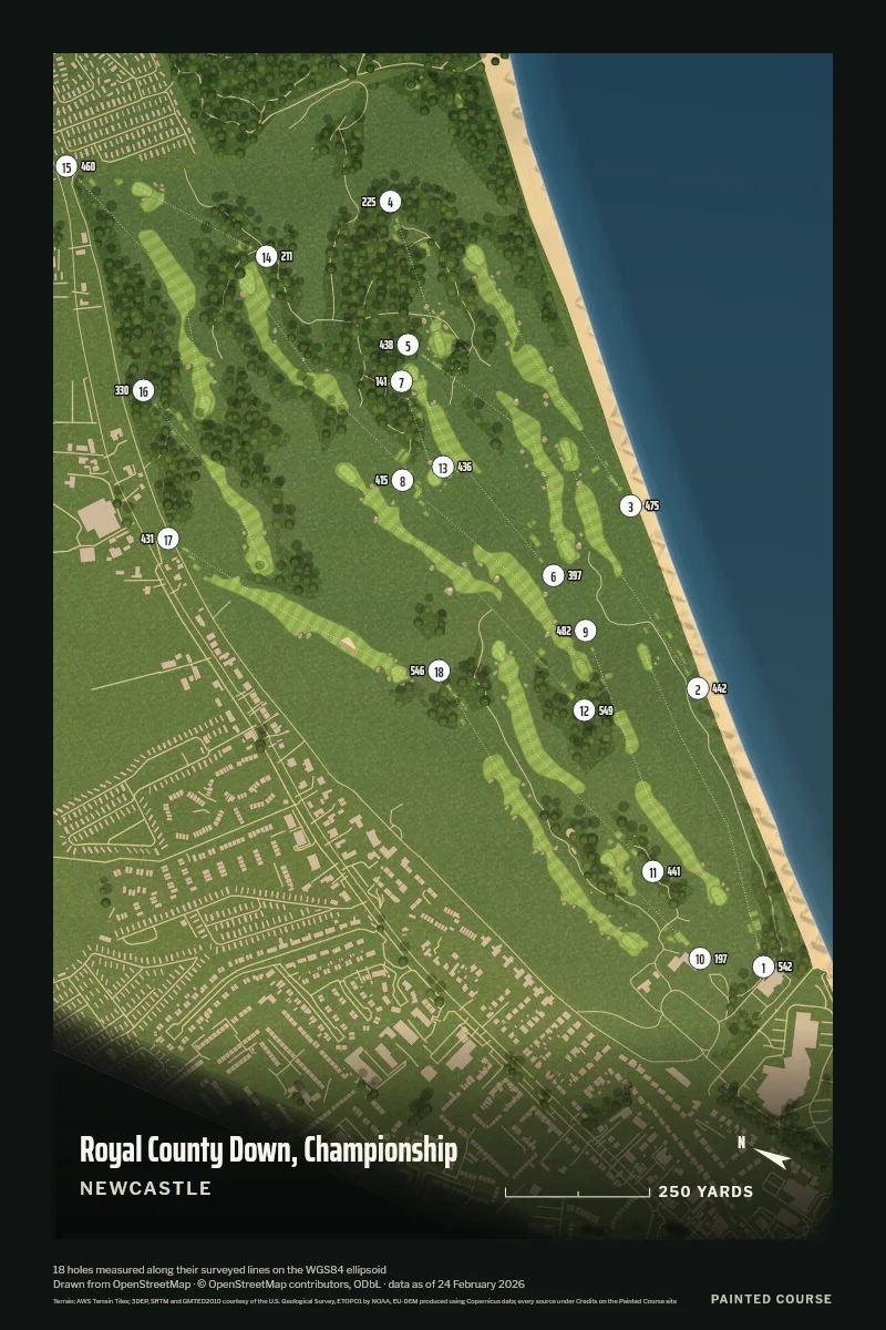 Royal County Down, Championship, Newcastle, Northern Ireland, drawn in the Aerial style from its OpenStreetMap survey: 18 holes, each numbered at its tee with its measured yards beside it.