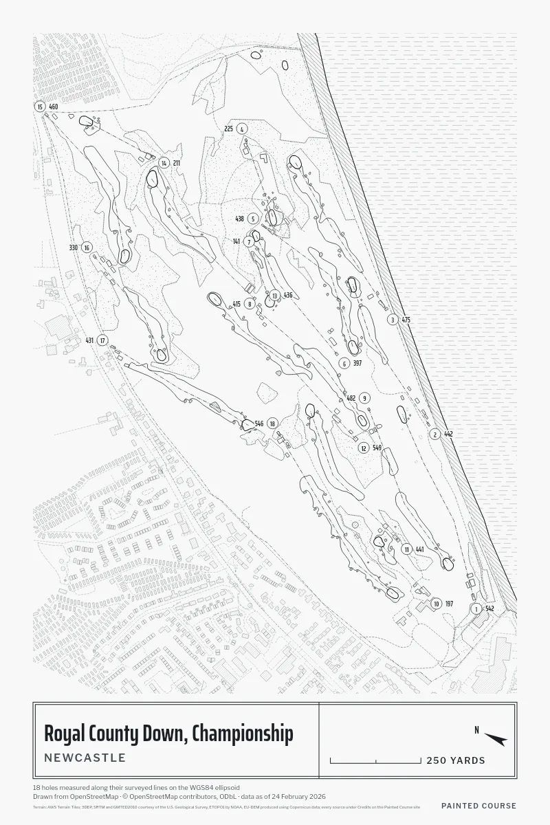 Royal County Down, Championship, Newcastle, Northern Ireland, drawn in the Architect style from its OpenStreetMap survey: 18 holes, each numbered at its tee with its measured yards beside it.