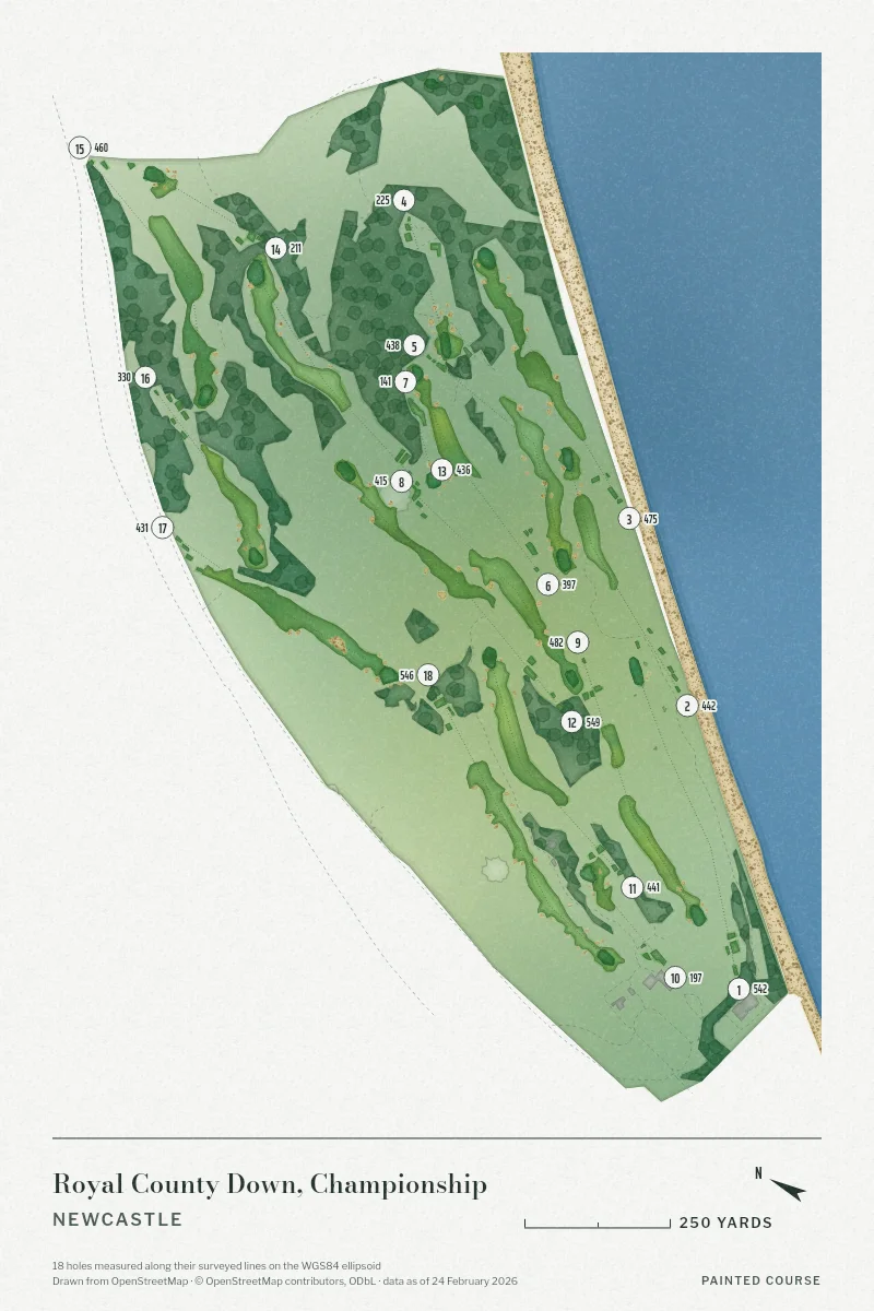 Royal County Down, Championship, Newcastle, Northern Ireland, drawn in the Watercolour style from its OpenStreetMap survey: 18 holes, each numbered at its tee with its measured yards beside it.