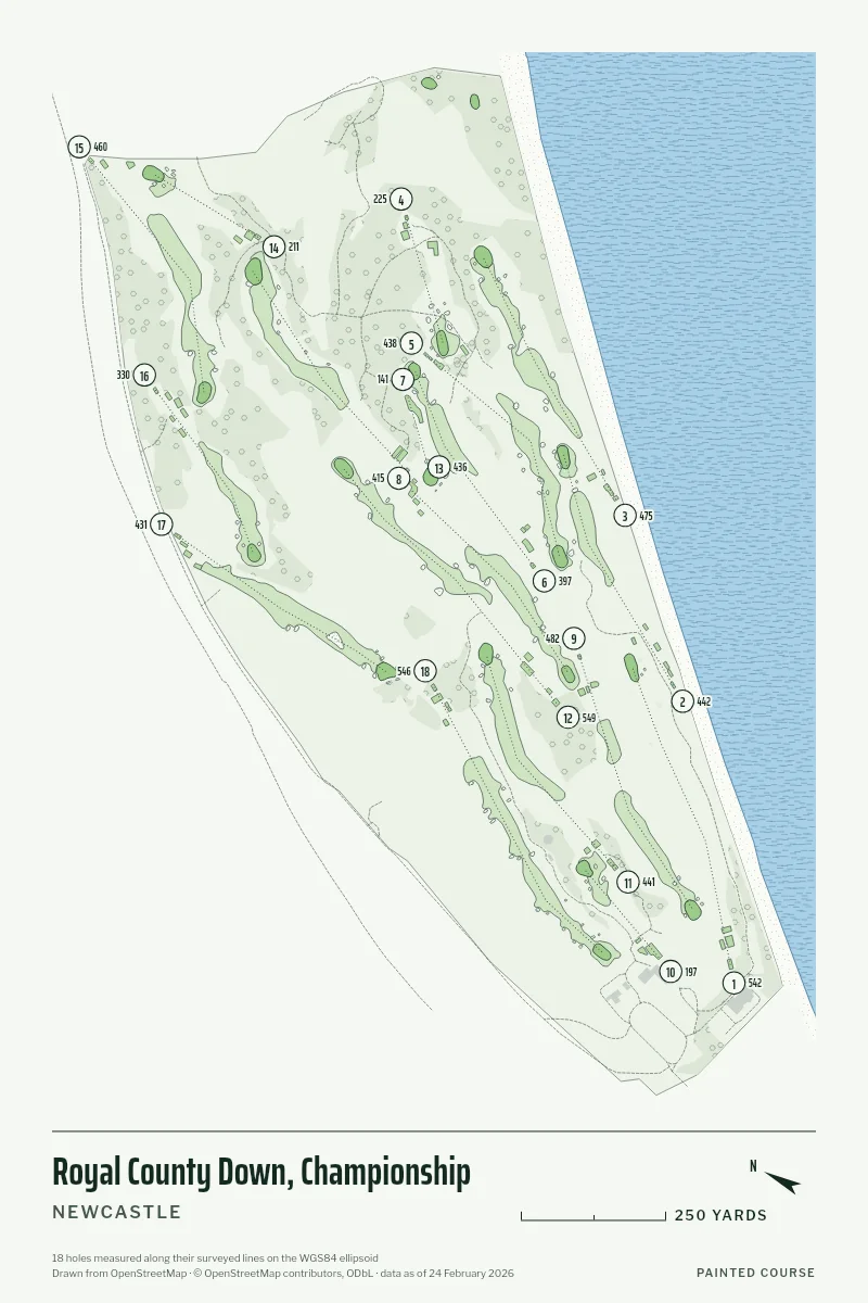 Royal County Down, Championship, Newcastle, Northern Ireland, drawn in the Yardage style from its OpenStreetMap survey: 18 holes, each numbered at its tee with its measured yards beside it.
