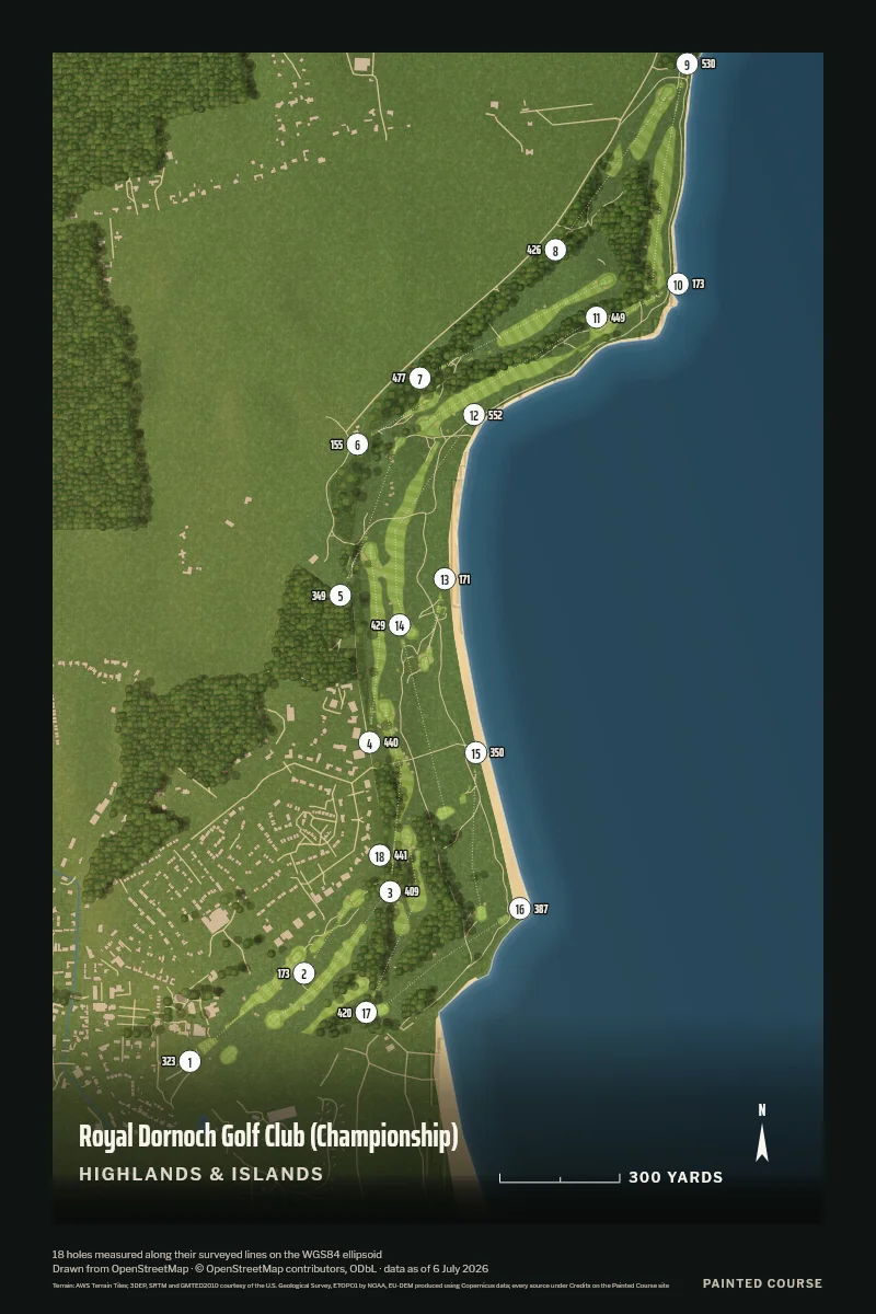 Royal Dornoch Golf Club (Championship), Highlands & Islands, Scotland, drawn in the Aerial style from its OpenStreetMap survey: 18 holes, each numbered at its tee with its measured yards beside it.