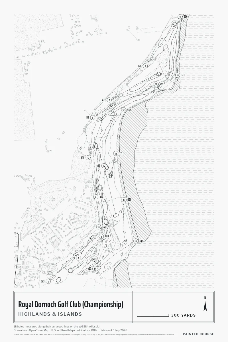 Royal Dornoch Golf Club (Championship), Highlands & Islands, Scotland, drawn in the Architect style from its OpenStreetMap survey: 18 holes, each numbered at its tee with its measured yards beside it.