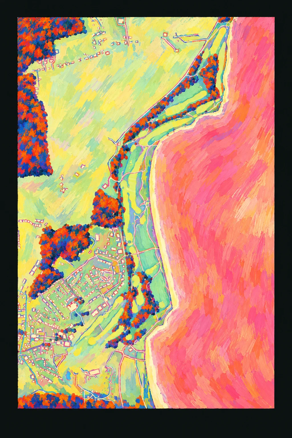 Royal Dornoch Golf Club (Championship), Highlands & Islands, Scotland, seen from above and painted in the Fauve manner after the Fauves of 1905: the routing of its 18 holes, its greens and its bunkers, in paint.