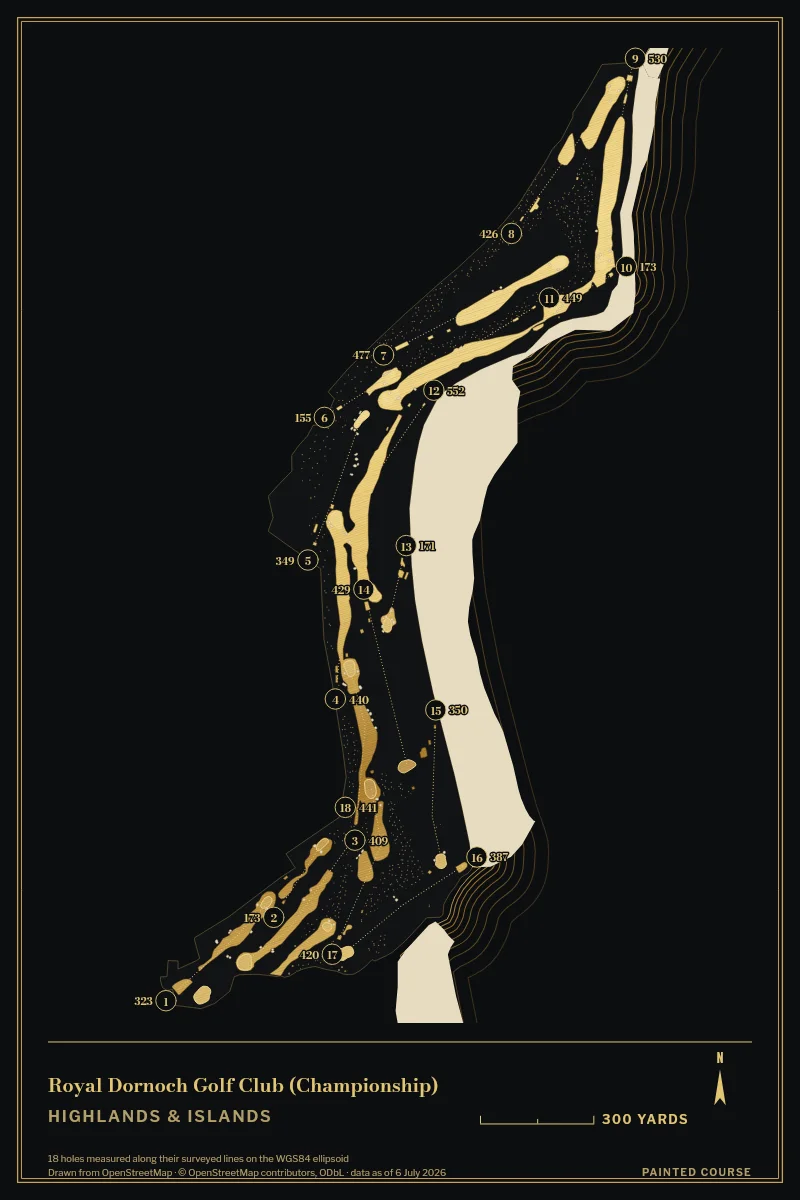 Royal Dornoch Golf Club (Championship), Highlands & Islands, Scotland, drawn in the Gilt style from its OpenStreetMap survey: 18 holes, each numbered at its tee with its measured yards beside it.