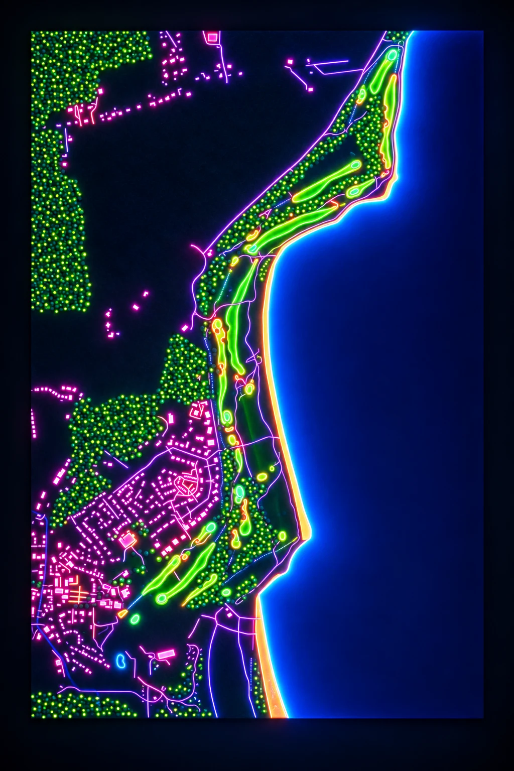 Royal Dornoch Golf Club (Championship), Highlands & Islands, Scotland, seen from above and painted in the Neon manner: the routing of its 18 holes, its greens and its bunkers, in paint.