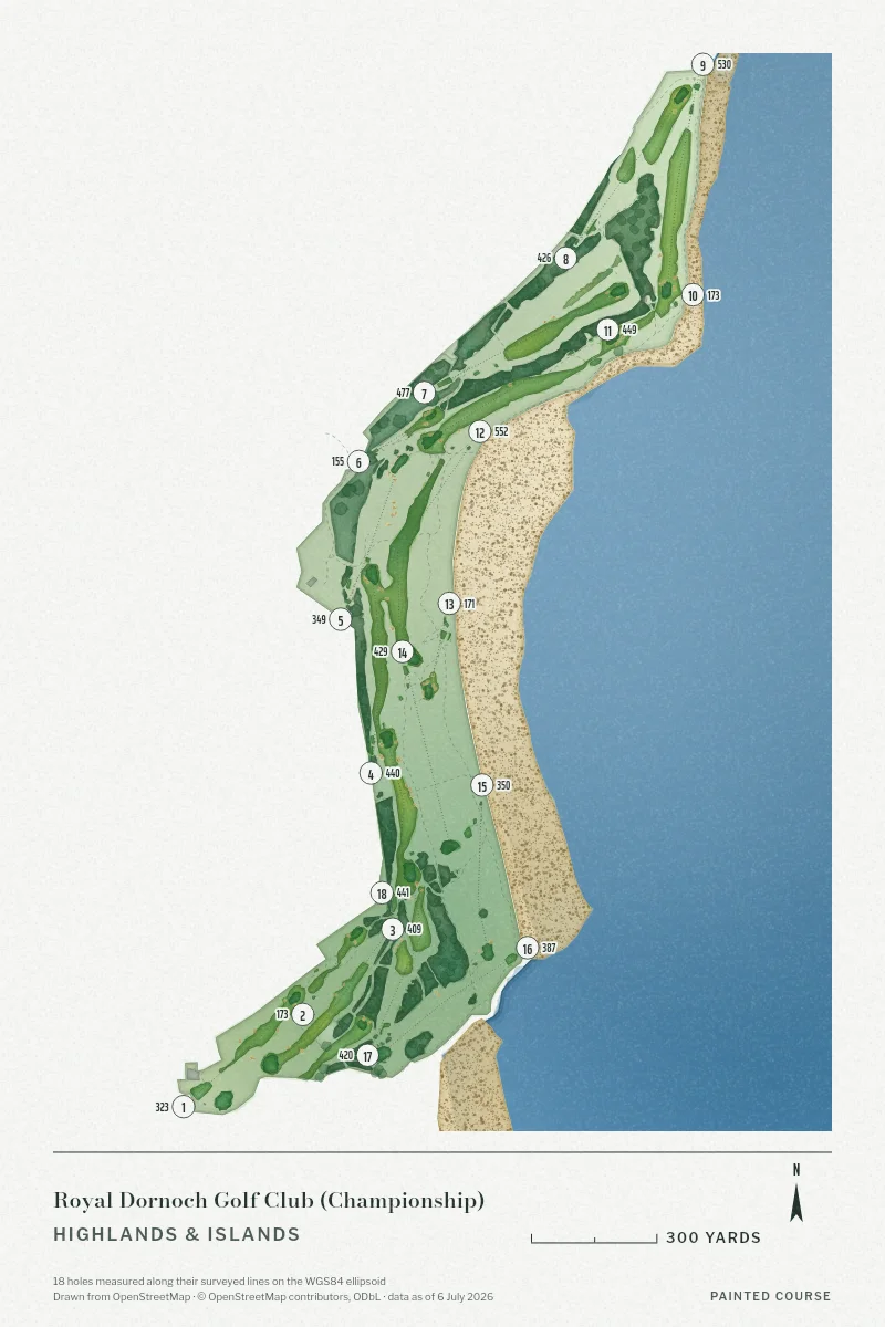 Royal Dornoch Golf Club (Championship), Highlands & Islands, Scotland, drawn in the Watercolour style from its OpenStreetMap survey: 18 holes, each numbered at its tee with its measured yards beside it.