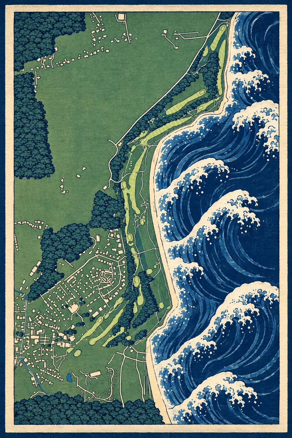 Royal Dornoch Golf Club (Championship), Highlands & Islands, Scotland, seen from above and painted in the Woodblock manner after Katsushika Hokusai: the routing of its 18 holes, its greens and its bunkers, in paint.