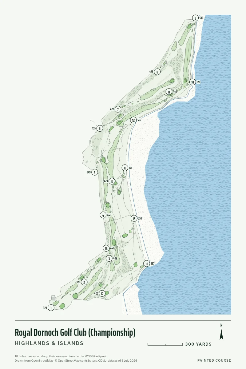 Royal Dornoch Golf Club (Championship), Highlands & Islands, Scotland, drawn in the Yardage style from its OpenStreetMap survey: 18 holes, each numbered at its tee with its measured yards beside it.