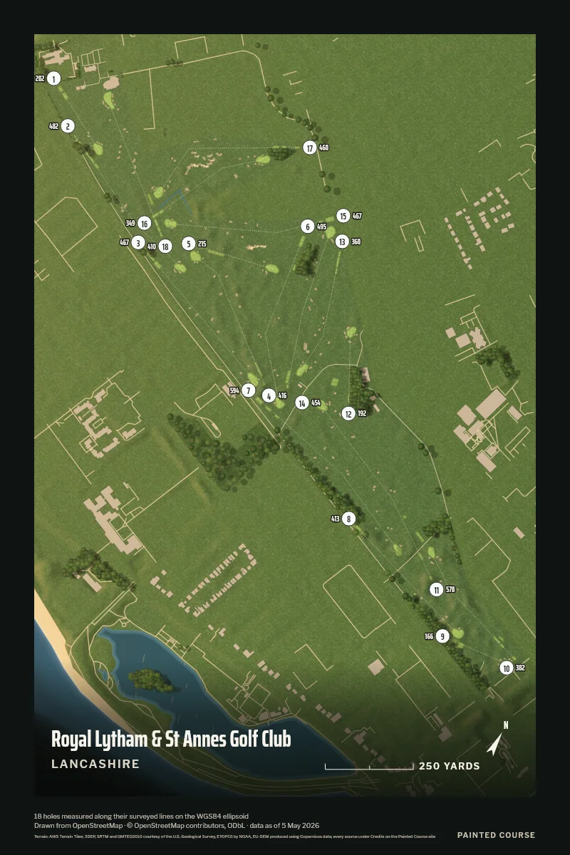 Royal Lytham & St Annes Golf Club, Lancashire, England, drawn in the Aerial style from its OpenStreetMap survey: 18 holes, each numbered at its tee with its measured yards beside it.