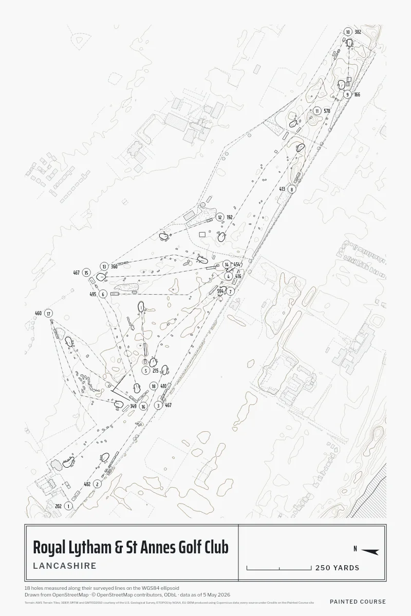 Royal Lytham & St Annes Golf Club, Lancashire, England, drawn in the Architect style from its OpenStreetMap survey: 18 holes, each numbered at its tee with its measured yards beside it.