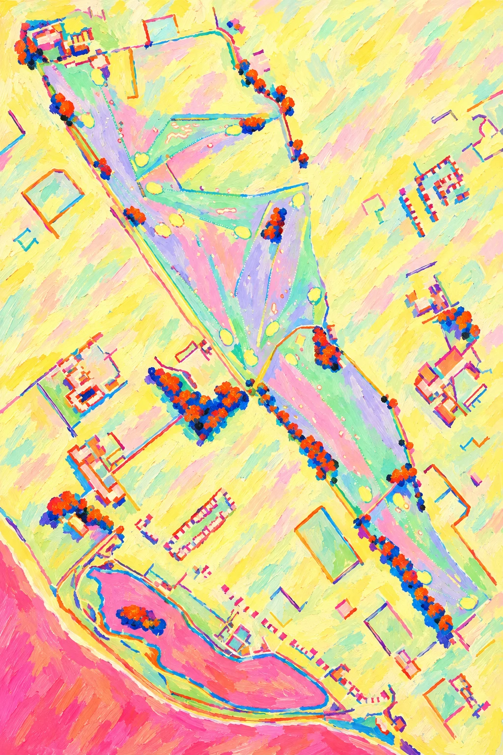 Royal Lytham & St Annes Golf Club, Lancashire, England, seen from above and painted in the Fauve manner after the Fauves of 1905: the routing of its 18 holes, its greens and its bunkers, in paint.