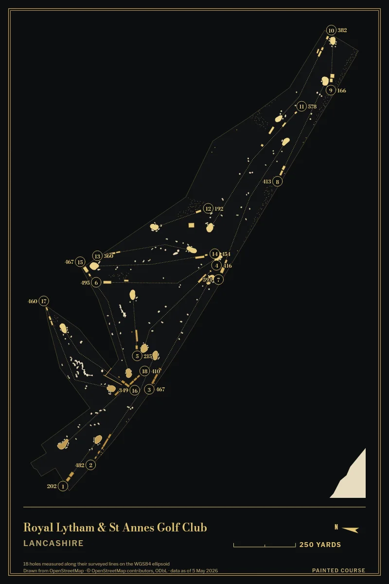 Royal Lytham & St Annes Golf Club, Lancashire, England, drawn in the Gilt style from its OpenStreetMap survey: 18 holes, each numbered at its tee with its measured yards beside it.