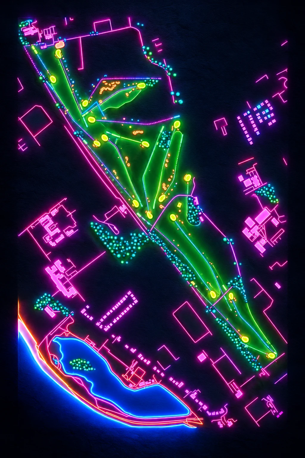 Royal Lytham & St Annes Golf Club, Lancashire, England, seen from above and painted in the Neon manner: the routing of its 18 holes, its greens and its bunkers, in paint.