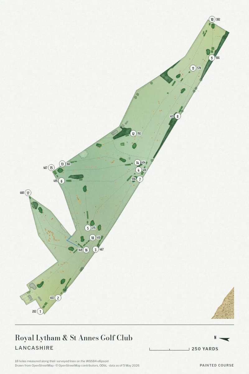 Royal Lytham & St Annes Golf Club, Lancashire, England, drawn in the Watercolour style from its OpenStreetMap survey: 18 holes, each numbered at its tee with its measured yards beside it.