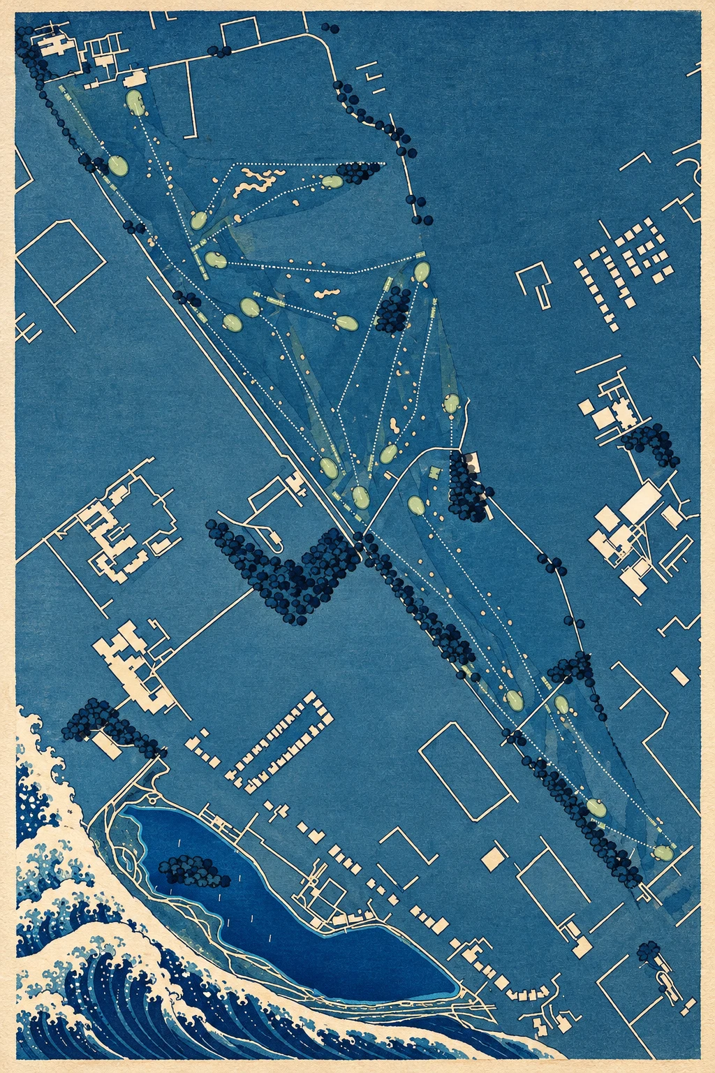 Royal Lytham & St Annes Golf Club, Lancashire, England, seen from above and painted in the Woodblock manner after Katsushika Hokusai: the routing of its 18 holes, its greens and its bunkers, in paint.