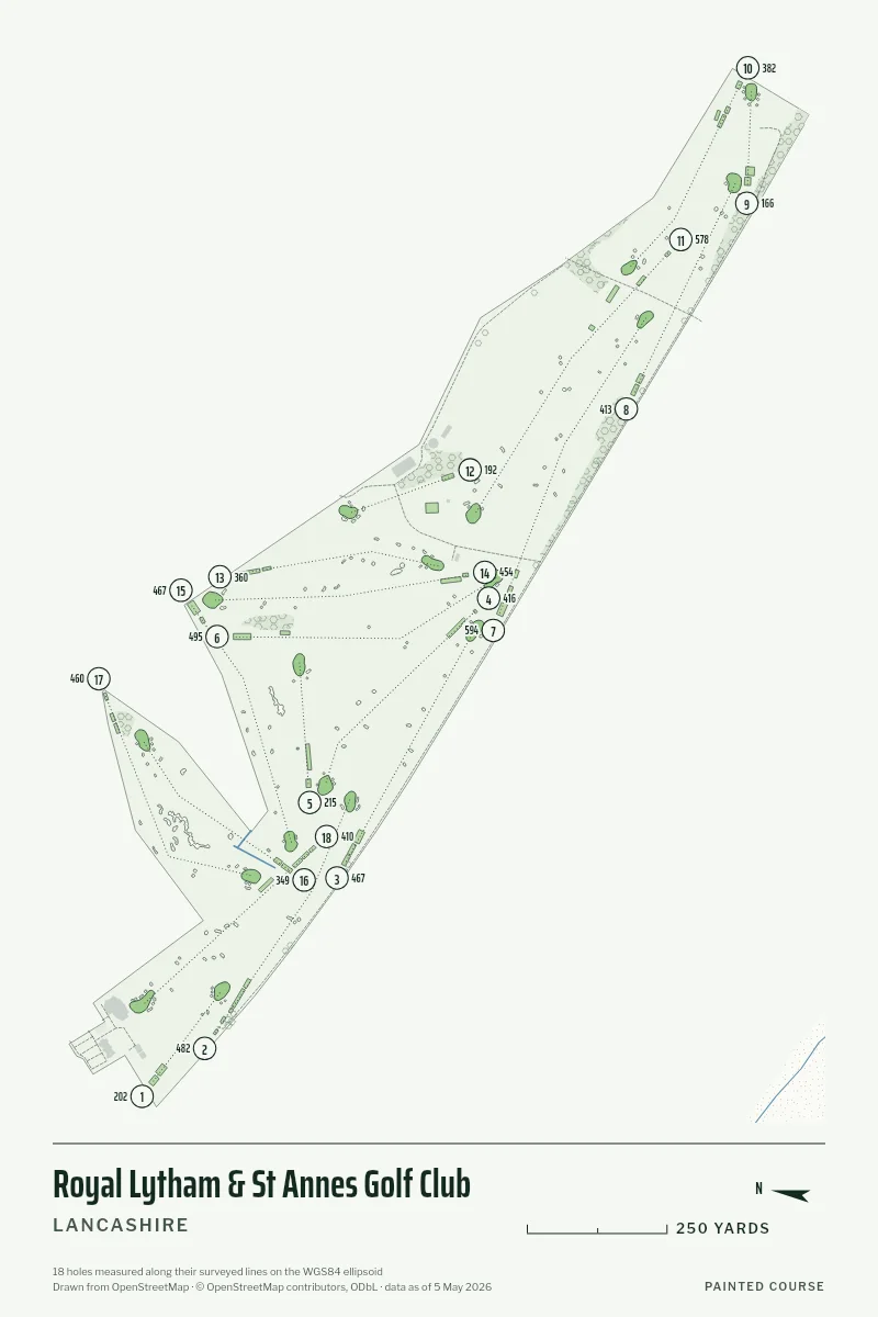 Royal Lytham & St Annes Golf Club, Lancashire, England, drawn in the Yardage style from its OpenStreetMap survey: 18 holes, each numbered at its tee with its measured yards beside it.
