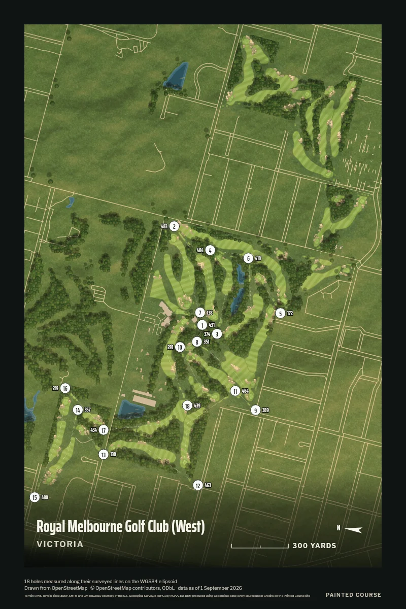 Royal Melbourne Golf Club (West), Victoria, Australia, drawn in the Aerial style from its OpenStreetMap survey: 18 holes, each numbered at its tee with its measured yards beside it.