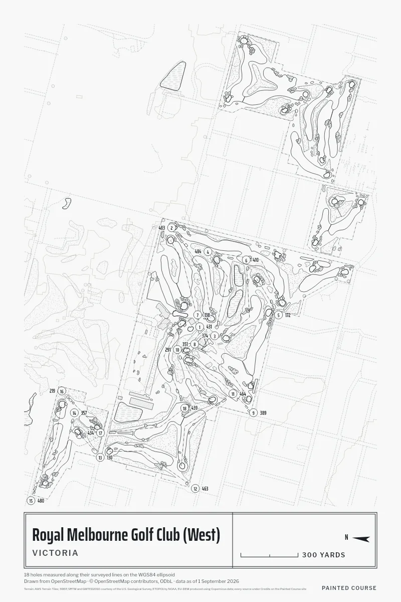 Royal Melbourne Golf Club (West), Victoria, Australia, drawn in the Architect style from its OpenStreetMap survey: 18 holes, each numbered at its tee with its measured yards beside it.
