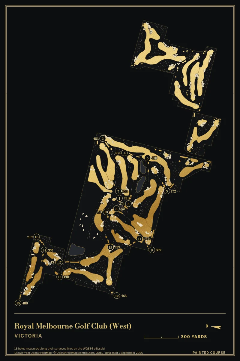 Royal Melbourne Golf Club (West), Victoria, Australia, drawn in the Gilt style from its OpenStreetMap survey: 18 holes, each numbered at its tee with its measured yards beside it.