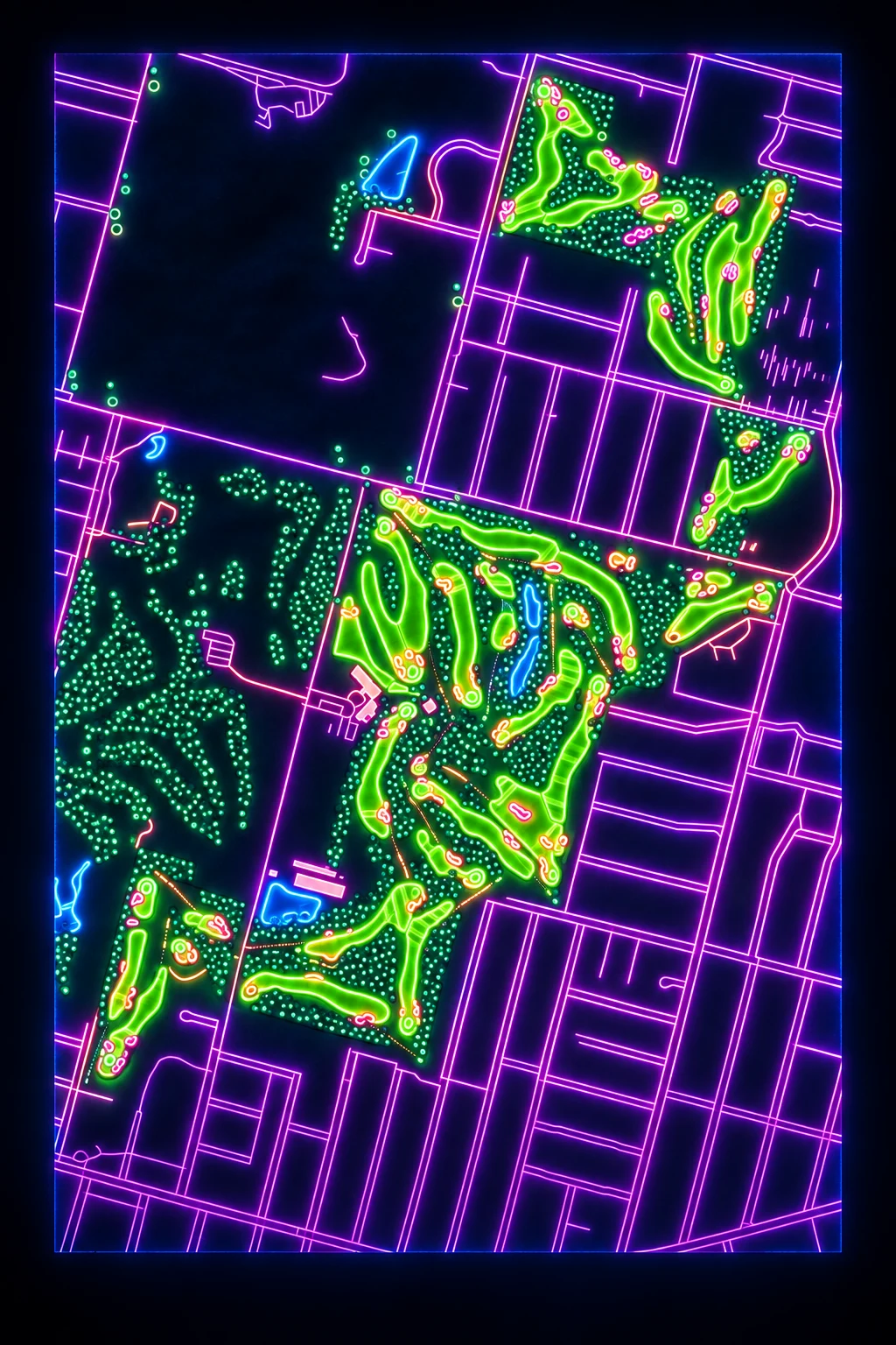 Royal Melbourne Golf Club (West), Victoria, Australia, seen from above and painted in the Neon manner: the routing of its 18 holes, its greens and its bunkers, in paint.