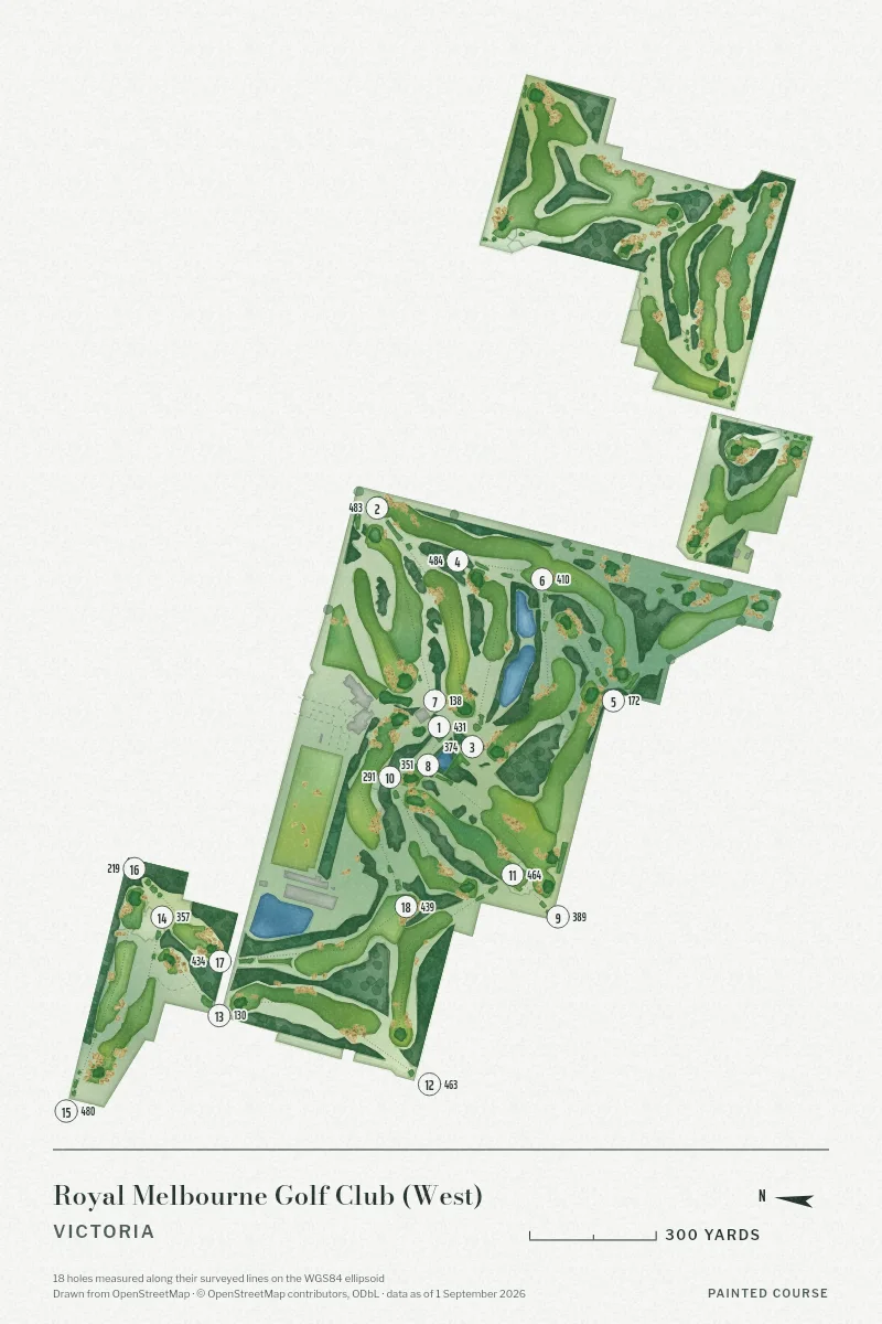 Royal Melbourne Golf Club (West), Victoria, Australia, drawn in the Watercolour style from its OpenStreetMap survey: 18 holes, each numbered at its tee with its measured yards beside it.
