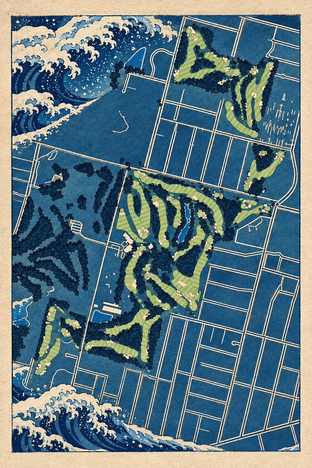 Royal Melbourne Golf Club (West), Victoria, Australia, seen from above and painted in the Woodblock manner after Katsushika Hokusai: the routing of its 18 holes, its greens and its bunkers, in paint.