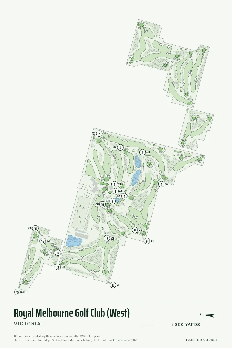 Royal Melbourne Golf Club (West), Victoria, Australia, drawn in the Yardage style from its OpenStreetMap survey: 18 holes, each numbered at its tee with its measured yards beside it.