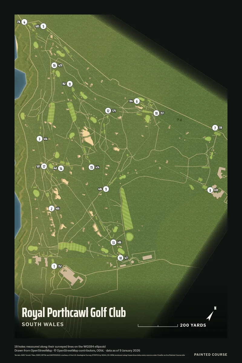 Royal Porthcawl Golf Club, South Wales, Wales, drawn in the Aerial style from its OpenStreetMap survey: 18 holes, each numbered at its tee with its measured yards beside it.